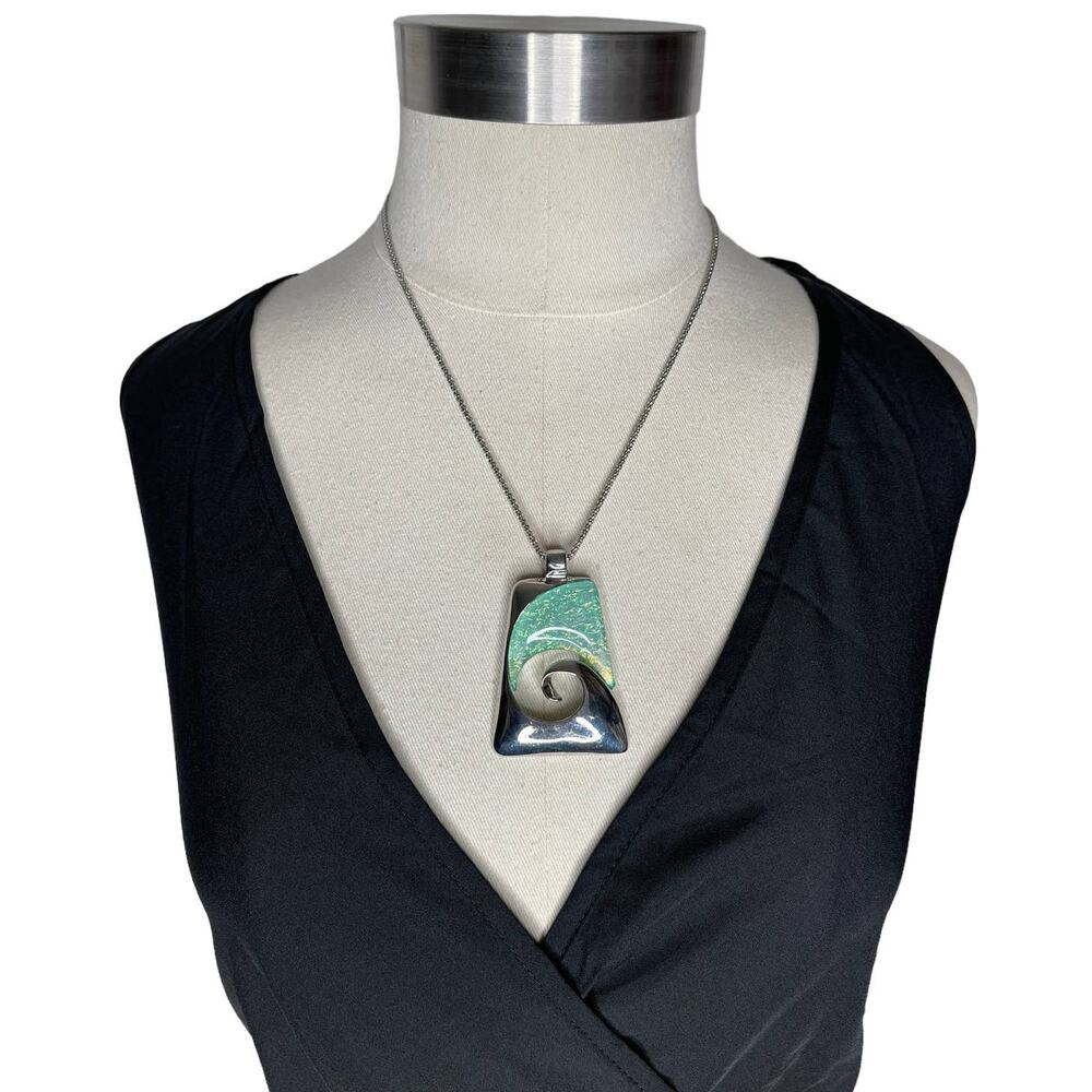 Modernist Abstract Pendant Necklace Silver Tone Teal Iridescent Resin